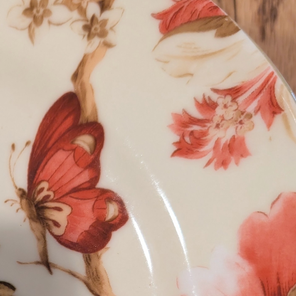 Elegant Pale Celery Green & Coral-Red Dessert Plates, Porcelain Set Of 4 - Picture 5 of 5